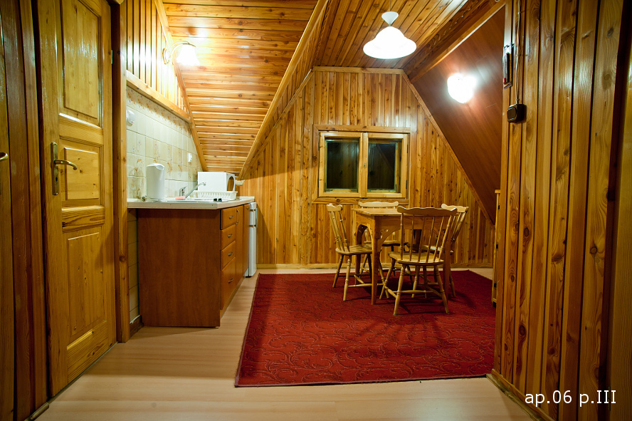 aneks kuchenny w apartamencie z dwoma sypialniemi wykończony w drewnie